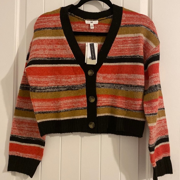 BP Nordstrom NWT Cropped Cardigan Button Down Stripe Red Black Sz XS V Neck Knit - Picture 3 of 10
